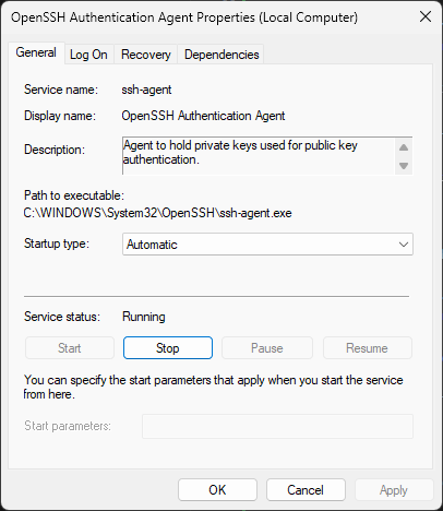 OpenSSH Authentication Agent Properties: Activate