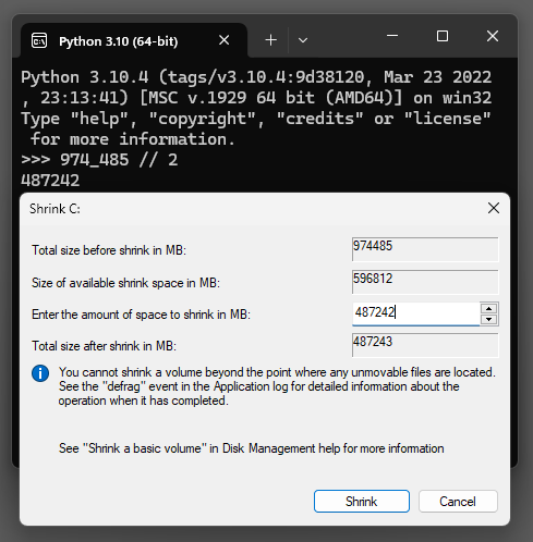 Disk Management Choose Shrink Size