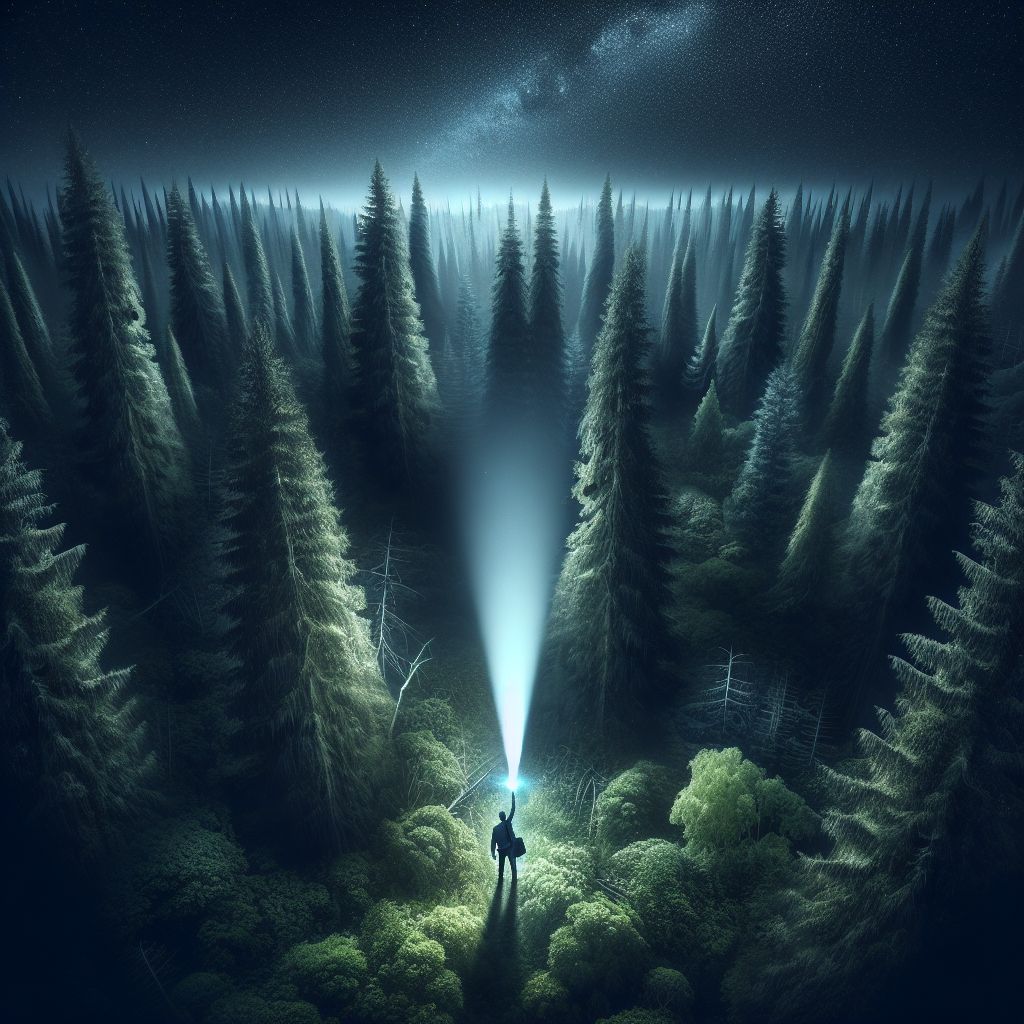 Flashlight lit in a nightly forest